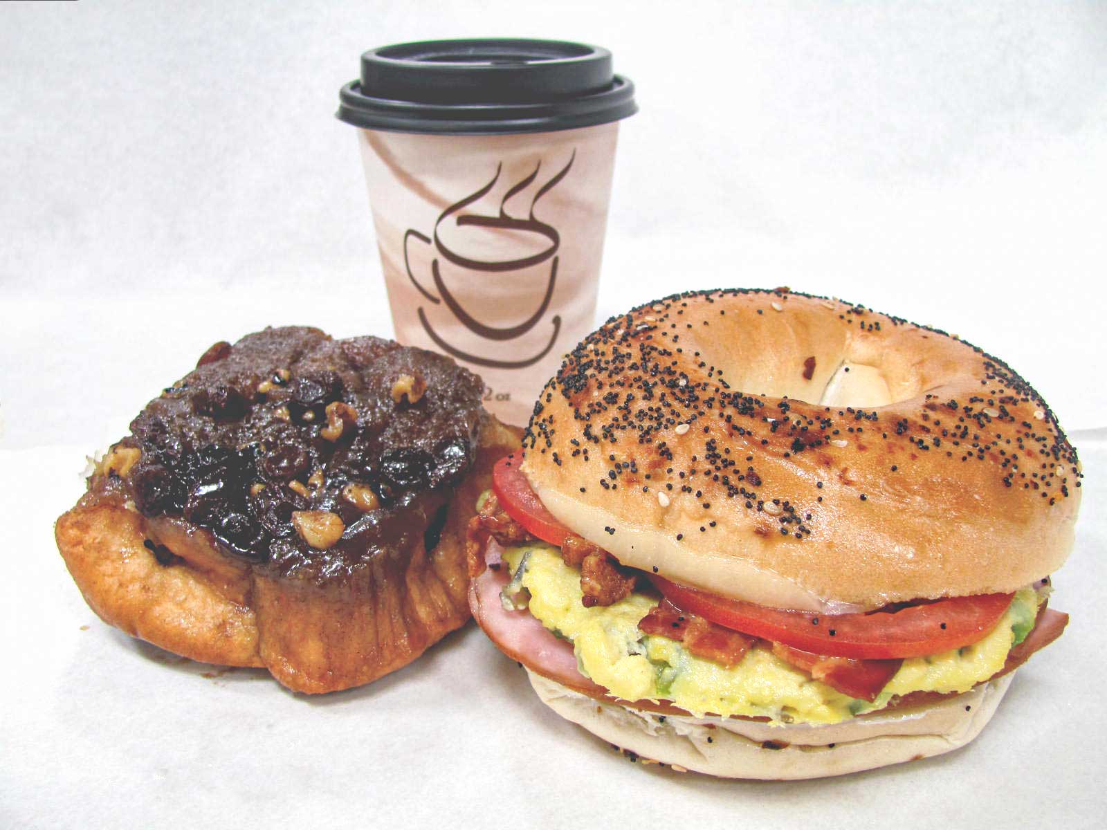 Bagel, Coffee, and sticky bun